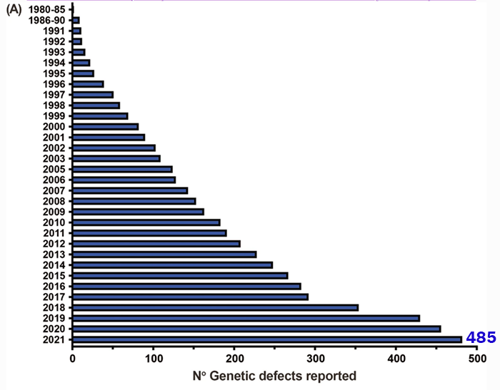 Total number of genetic variants known to cause inborn errors of immunity, or primary immunodeficiency, by year.