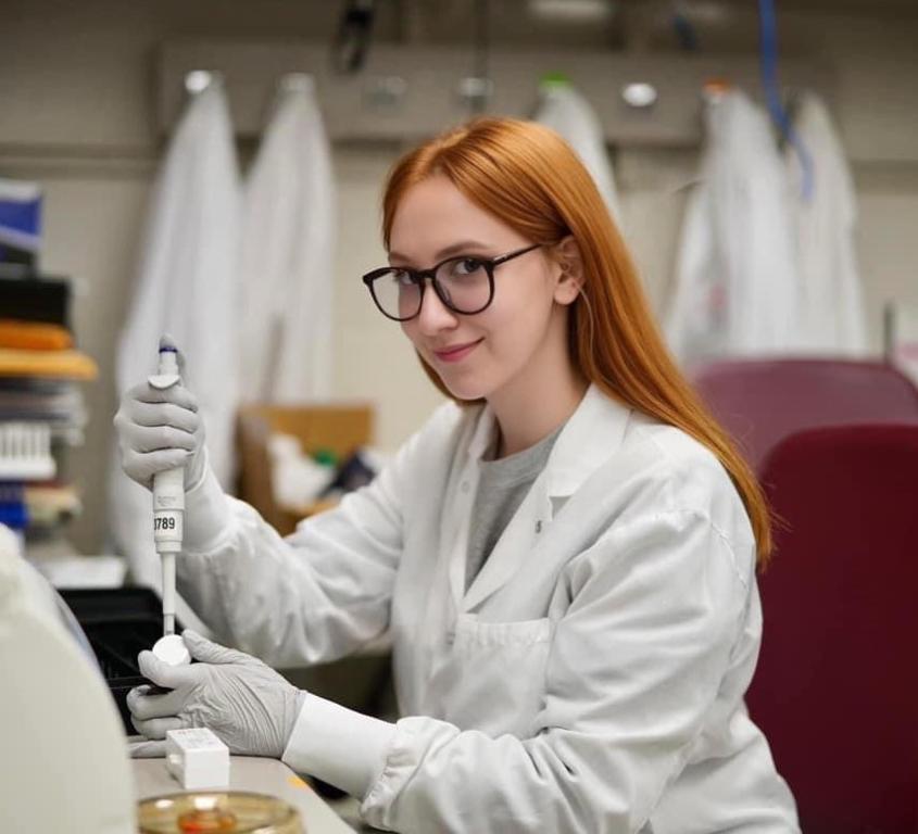 Scientist wearing glasses uses dropper to perform work in lab