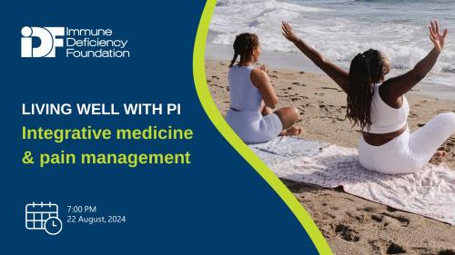 thumbnail for integrative pain management video featuring two individuals doing yoga on a beach