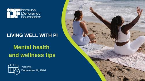 Two people doing yoga on a beach with text that reads "Living well with PI: Mental health and wellness tips